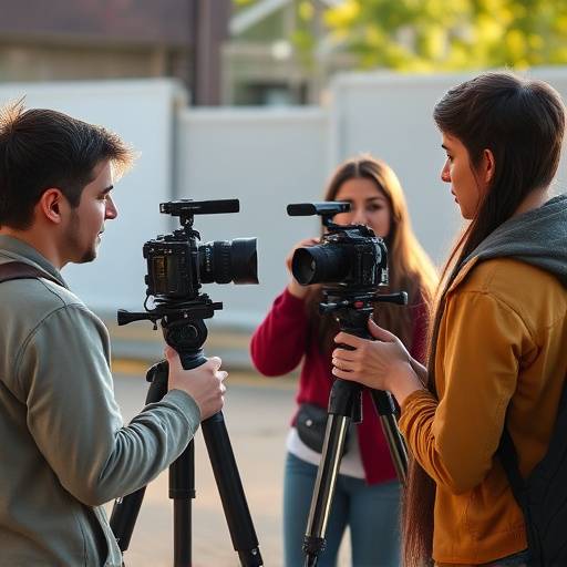 Students collaborating on set during an independent film production